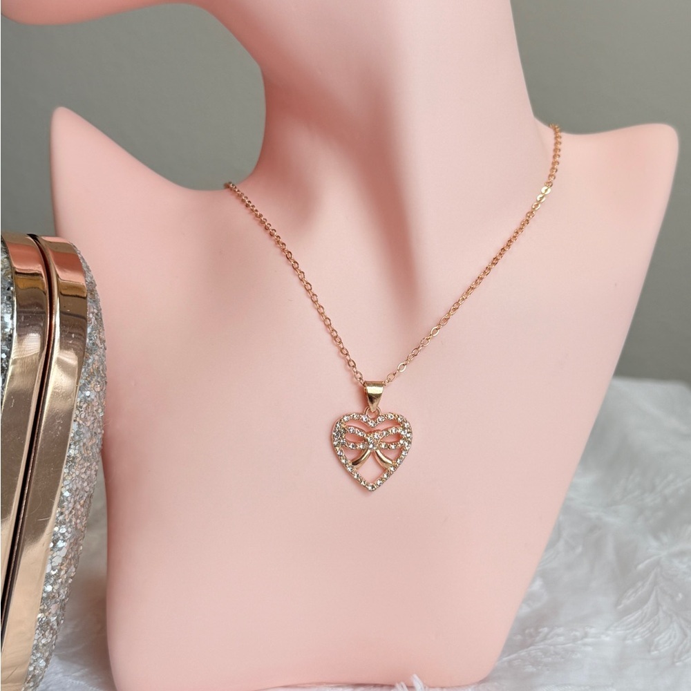 Gold Heart Pendant Necklace with Crystal Accents - Picture 5 of 7
